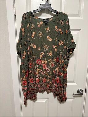 Angie Olive Green Floral Open-Front Tunic Kimono